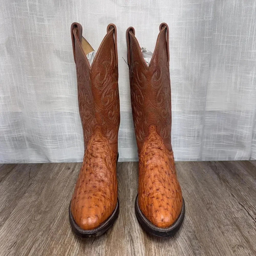 Dan Post Full Quill Ostrich Cowboy Boots Tan Exotic Leather Western Y2K SZ 7Mens